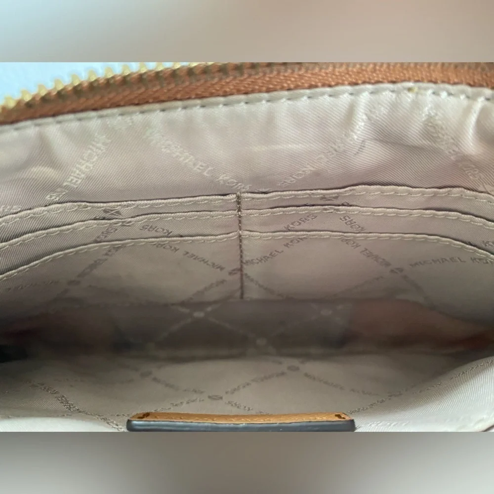Michael Kors Beige/Gold Croc Embossed Leather and MK Canvas Wristlet Clutch. 10” - Picture 8 of 15